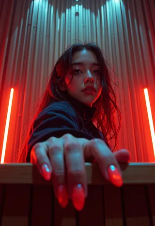 Close-up hyper-realistic portrait of a young woman gripping a wooden podium, illuminated by backlit warm gold and red neon lights, with sharp detailed red and orange nails.