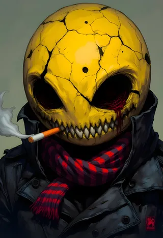 Digital artwork of a cracked yellow smiley face with a menacing grin wearing a torn black jacket and a red striped scarf, smoking a cigarette.