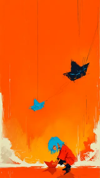Abstract orange-themed artwork featuring a blue-haired girl crouching with a red paper boat and two floating paper boats in blue and black colors against a vibrant orange background.