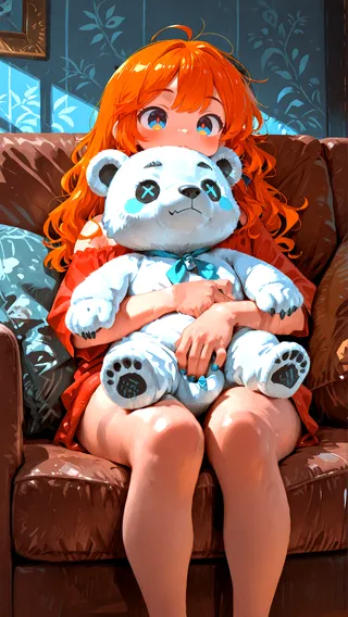 Anime-style girl with bright orange hair sitting on a brown couch holding a large white stuffed polar bear under blue lighting