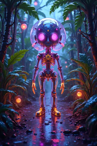 A translucent colorful robot with glowing purple eyes stands on a wet jungle path surrounded by lush tropical plants under warm neon lights at dusk.
