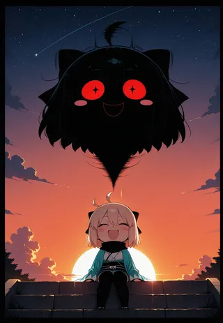 Chibi anime girl sitting on stone steps during sunset with a large black silhouette featuring bright red eyes and a smile in the sky above her, under a starry night sky.