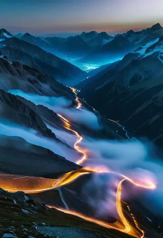 A glowing winding road snakes through mountain peaks enveloped in fog at dawn, showcasing the Stelvio Pass in an abstract timelapse style.