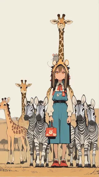 Uma mulher vestindo uma máscara de girafa com um rato na cabeça está entre girafas e zebras na savana, ilustrada em estilo anime de cor plana.