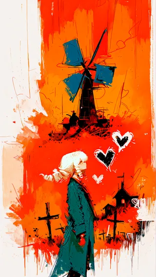 Abstract orange themed artwork featuring a white-haired girl in a blue trench coat standing among crosses and graves with a windmill and flying hearts in the background.