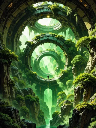 A hyper-realistic scene of a lush alien jungle valley featuring colossal circular stone rings forming a tunnel-like corridor, surrounded by dense greenery and mist.