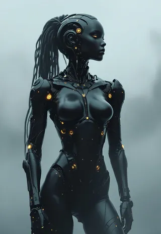Android femenina negra realista con detalles dorados y fibra de carbono en un entorno distópico cyberpunk, contra un fondo monócromo brumoso.