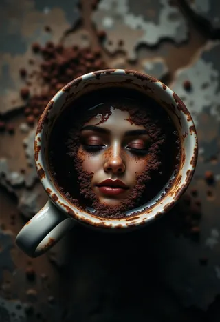 Overhead view of a weathered porcelain coffee cup filled with dark coffee and finely ground coffee forming the image of a woman's serene face with closed eyes nestled inside.