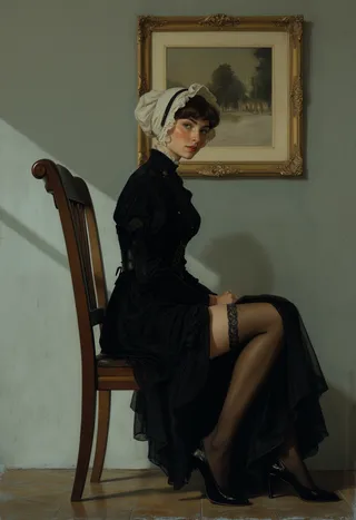 A seated Victorian woman in profile wearing an austere black dress and white lace bonnet, revealing lace top stockings with a cheeky smile, seated against a grey wall with a framed picture.