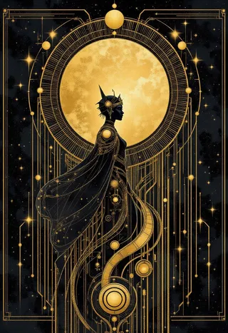 Silhouette of an Egyptian princess standing in profile against a large golden moon, surrounded by intricate Art Deco golden lines and mysterious celestial symbols on a black background.