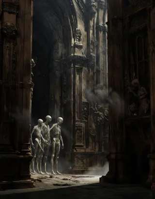 A dark and eerie scene showing skeletal figures standing inside a ruined gothic cathedral with tall, ornate stone columns and misty fog.
