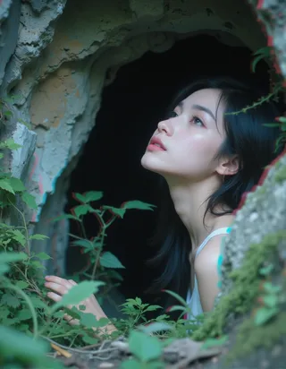 Close-up portrait of a young woman with dark hair near an overgrown abandoned cave entrance, surrounded by greenery and subtle glitch static effects.