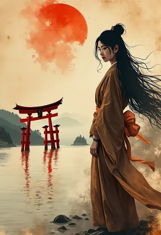 Serene Japanese woman with long flowing hair standing on a shoreline wearing a brown kimono, with a colossal red torii gate in the Sea of Japan and a large red sun in the foggy sky behind her, rendered in a sepia watercolor ink wash style.