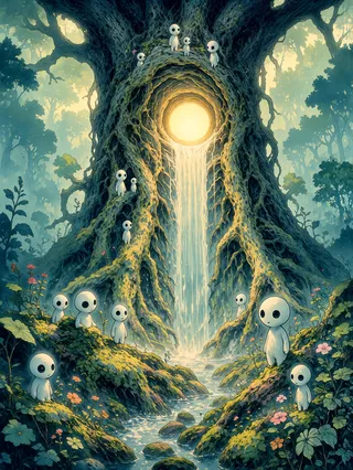 Whimsical kodama creatures gathered around the glowing magical portal in the trunk of an ancient tree with a waterfall flowing down, set in an ethereal fantasy forest.