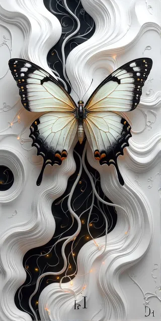 Biomechanical butterfly with porcelain-like wings transitioning from white to black, adorned with glowing golden veins, set against a swirling black and white abstract background with neural-like tendrils.