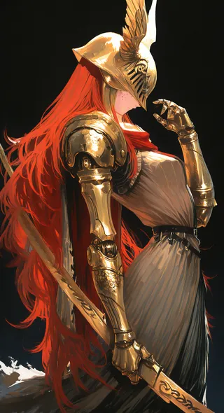 A woman named Malenia with flowing red hair wearing golden armor and a winged helmet, holding a sword with a mechanical prosthetic arm, rendered in an oil painting style on a black background.