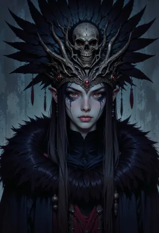 A dark fantasy portrayal of a mysterious woman with pale blue skin, intense red eyes, intricate tribal markings, wearing an ornate skull and black feather headdress.