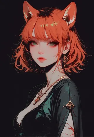 A red-haired girl with animal ears, green eyes, and detailed jewelry wearing a dark garment, looking at the viewer from side profile in a painterly style with a dark background.