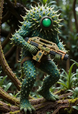 A spiky green alien plant creature holding an M41A Pulse Rifle covered with moss, standing in a dense forest environment.