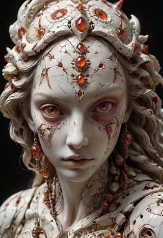 Closeup of a hyper-realistic, weathered porcelain goddess sculpture with cracked texture and red gemstones adorning her forehead and jewelry.