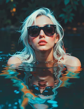 A serene portrait of a young woman with white hair wearing large black designer sunglasses, partially submerged in water with colorful reflections.