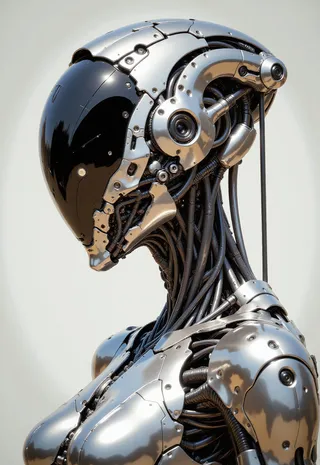 Close-up side view of a hyper realistic female cyborg with a silver chrome and glass body, wearing a sleek futuristic helmet with realistic reflections against a pastel grey background.