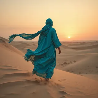 A solitary desert nomad wearing flowing cerulean robes and a long silk scarf walks barefoot over wind-swept sand dunes towards a golden-pink sunrise horizon.