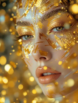 Close-up of a face painted with gold leaf and abstract brushstrokes, featuring golden lashes and high fashion makeup blending into a blurry, dreamlike background.