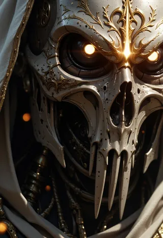 Close-up portrait of a mechanical nun wearing a detailed, weathered silver mask with golden engravings and glowing eyes, illuminated by divine light.