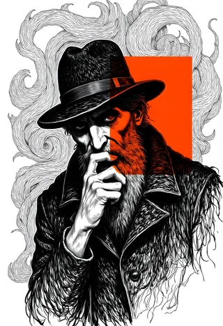 Highly detailed ink sketch of an elderly man with a prominent beard and a wide-brimmed hat, featuring intricate line work and an abstract burnt orange rectangular accent behind the face.