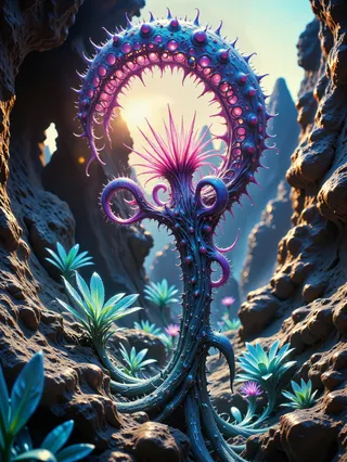 Macro close-up of a strange, carnivorous alien plant with bioluminescent tendrils and fractal geometry in an alien rocky landscape at dawn.
