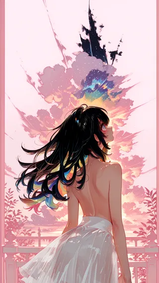 A topless girl with black hair featuring rainbow inner strands stands on a balcony wearing a see-through white skirt against a pink background with colorful sky and clouds.