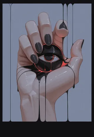 A surreal hand with black nails holding a disembodied eye surrounded by dripping black liquid and subtle red highlights on a muted background.