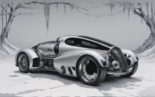 A sleek titanium futuristic car with metallic finish inspired by Rene Lalique's art deco style, set against a monochrome natural backdrop.