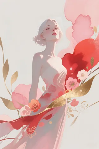 繊細で幻想的な女性像が優雅に立ち、赤やピンクの柔らかな水彩の花と金のアクセントに囲まれ、ミニマルな線画と夢のような質感が融合している。