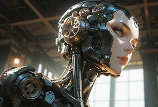 Photorealistic half close-up of an android woman with black shiny metal limbs and intricate steampunk mechanical details, illuminated by cinematic lighting.