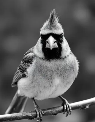 Black and white close-up photo of a cardinal perched on a branch with detailed feathers and sharp gaze