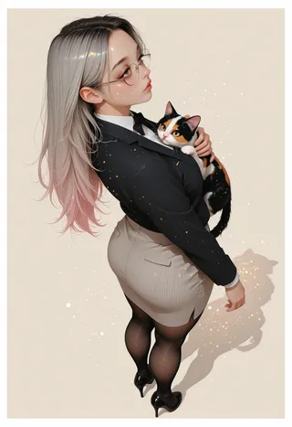 A grey-haired woman wearing rimless round glasses and an office outfit, holding a calico cat, with thick legs in black pantyhose, set on a simple pastel khaki background.