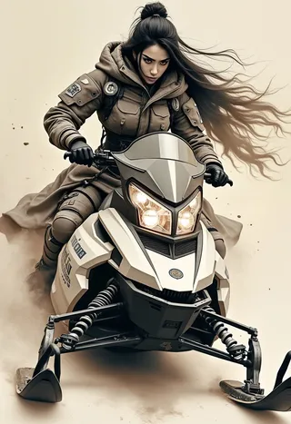 A magnificent Japanese woman with long flowing hair and dark eyeshadow, dressed in white and grey camouflage armour, riding a snowmobile.