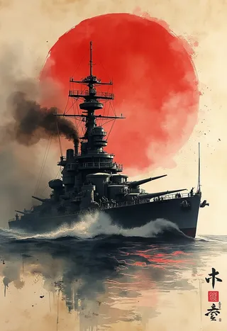 Watercolor ink wash illustration of a World War 2 Japanese battleship sailing in front of a large red sun with Japanese kanji and a limited sepia and carmine color palette on rice paper.