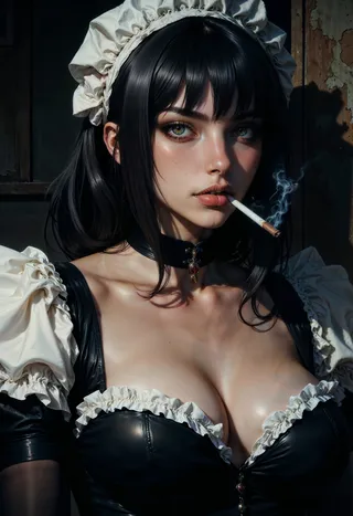 Realistic portrait of a woman in a black and white maid outfit with fair skin, black hair, green eyes, wearing a black choker with a red gem, holding a lit cigarette with smoke rising.