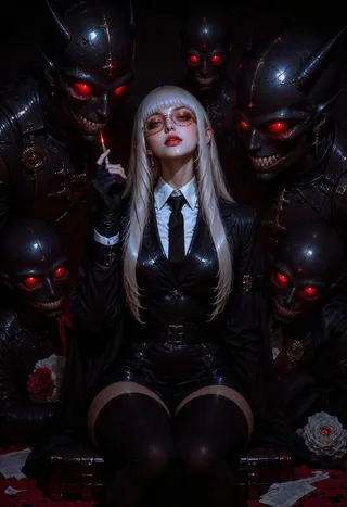A woman with long silver hair and glasses wears a black leather suit and tie, sitting calmly surrounded by shadowy, horned figures with glowing red eyes in a dark gothic atmosphere.