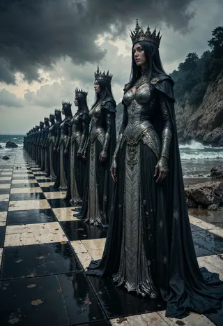 Row of female chess pieces wearing dark Victorian gothic gowns and crowns standing on a glossy, worn chessboard by the ocean under a moody, overcast sky.