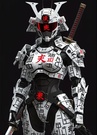Futuristic cyber warrior wearing a high-tech white armor covered with abstract black and red text, holding a samurai sword, set against a black background.