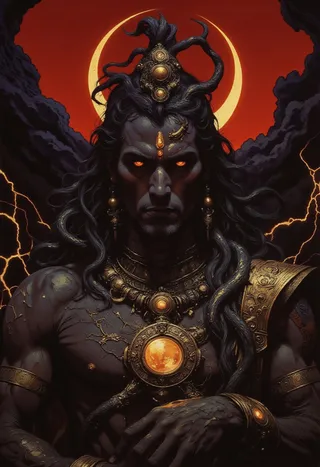 A highly detailed, dark divine figure inspired by Shiva with glowing amber eyes, dark ashen blue skin, intricate golden jewelry, and a large crescent moon behind him.