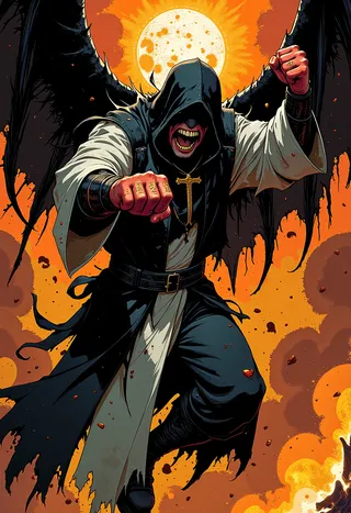 A hooded vigilante priest named Father Fist delivers a flying punch with bloodstained knuckles engraved with 'Sinner' and 'Repent' as dark angelic wings spread behind him against a burning church background.