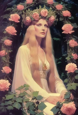 Portrait of the May Queen with a crown of roses emitting pink light, dressed in flowing white, surrounded by ivy and roses in a vintage VHS dark fantasy style.
