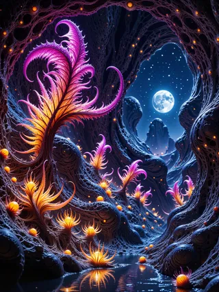 Glowing alien plants with coiling fronds and vibrant neon hues hanging in a dark alien cavern with a reflective pool and an otherworldly night sky featuring a bright moon.