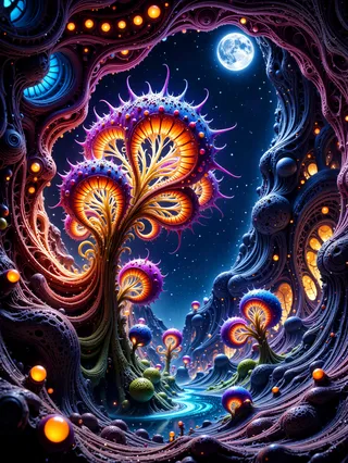Glowing alien plants with fractal geometry hanging inside a dark cavern, illuminated by bioluminescence under a starry night sky with an alien moon.