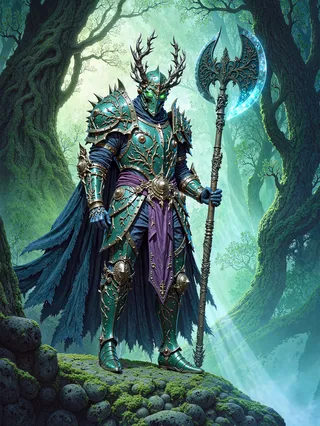Un chevalier en armure imposant avec casque à bois et yeux verts lumineux se tient dans une forêt luxuriante et mystique, tenant une hache de combat ornementée et lumineuse.